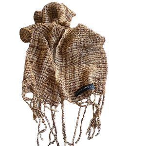 Lorraine Yu Handwoven Scarf Brown Tan Textured Fringe Artisan Cozy